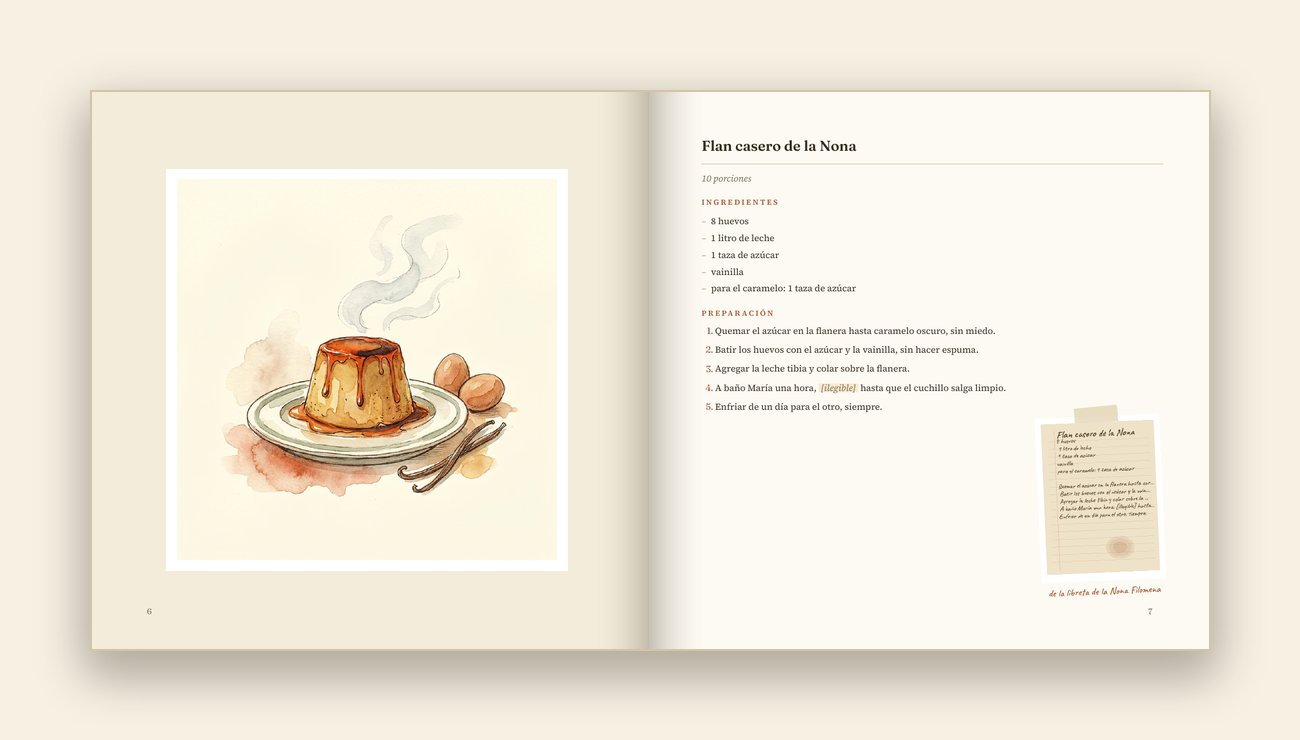 Eine Doppelseite: hausgemachter Flan, illustriert, mit seinem Rezept