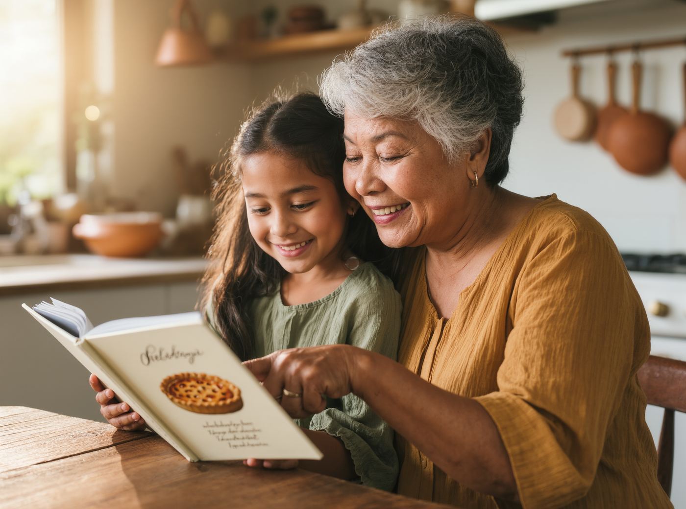Eine Oma und ihre Enkelin lachen, während sie gemeinsam im Familienkochbuch blättern